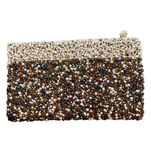 Vintage Textured Beaded Zipper ID Money Wallet Coin Purse Brown white iridescent - Picture 1 of 7